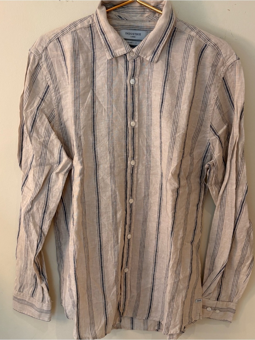 Men’s Industrie Beige Navy Stripe Linen Button-Down Shirt Sz L
